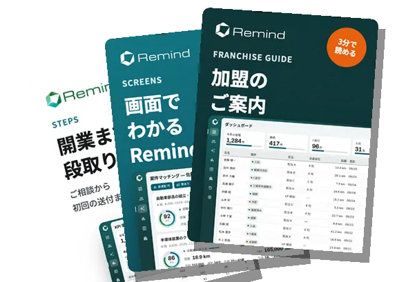 加盟資料(3 部構成:加盟のご案内・画面でわかる Remind・開業までの段取り)